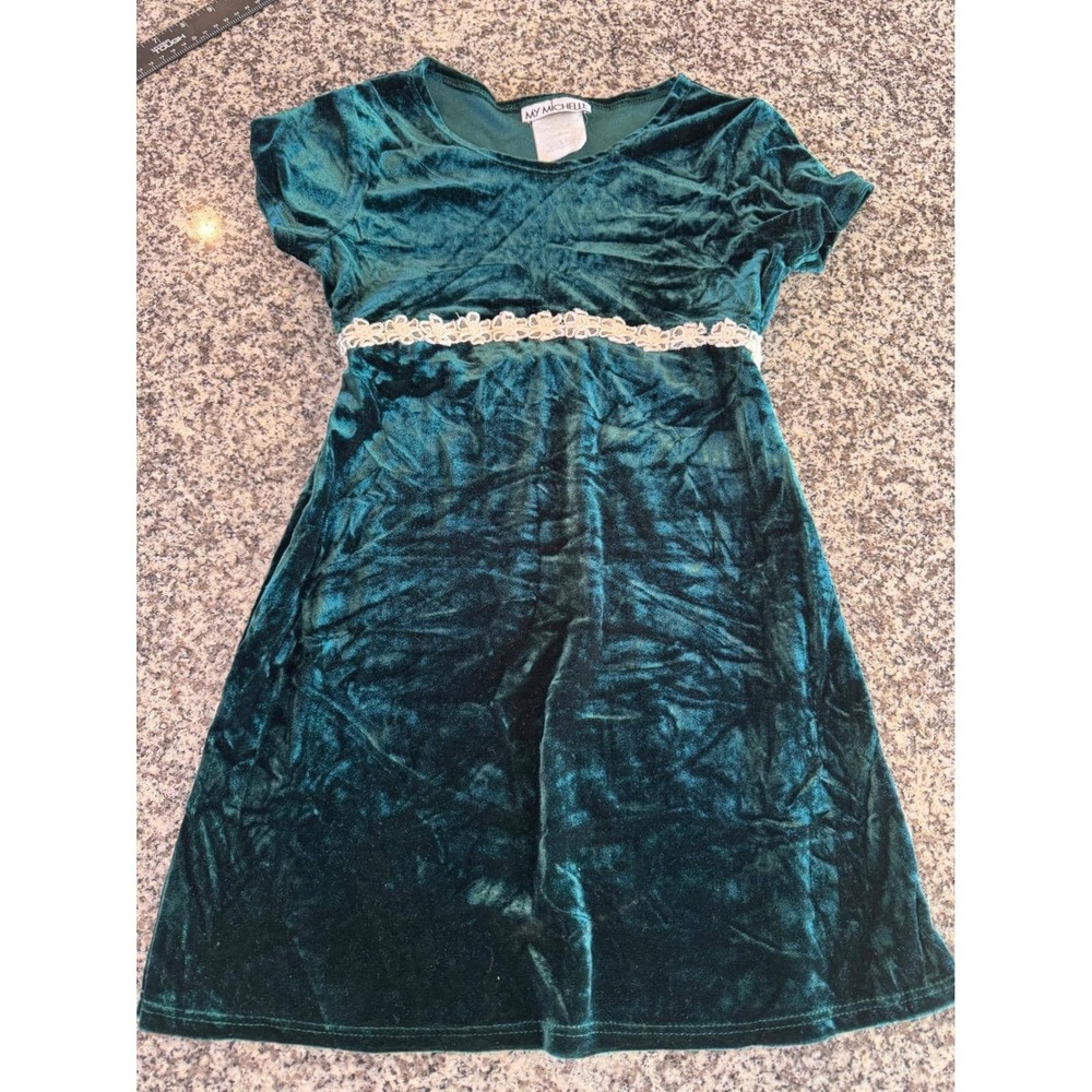Vintage My Michelle Velvet Dress Girls Size M Green Floral Lace Trim‎ Holiday